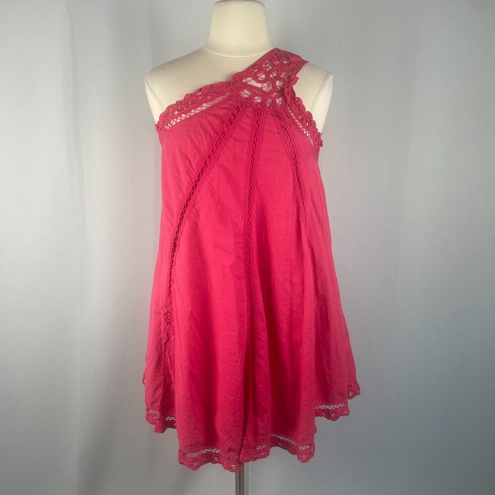 Free People Swing Dress Size Large Hot Pink One Shoulder Lace Boho Festival - Picture 3 of 15